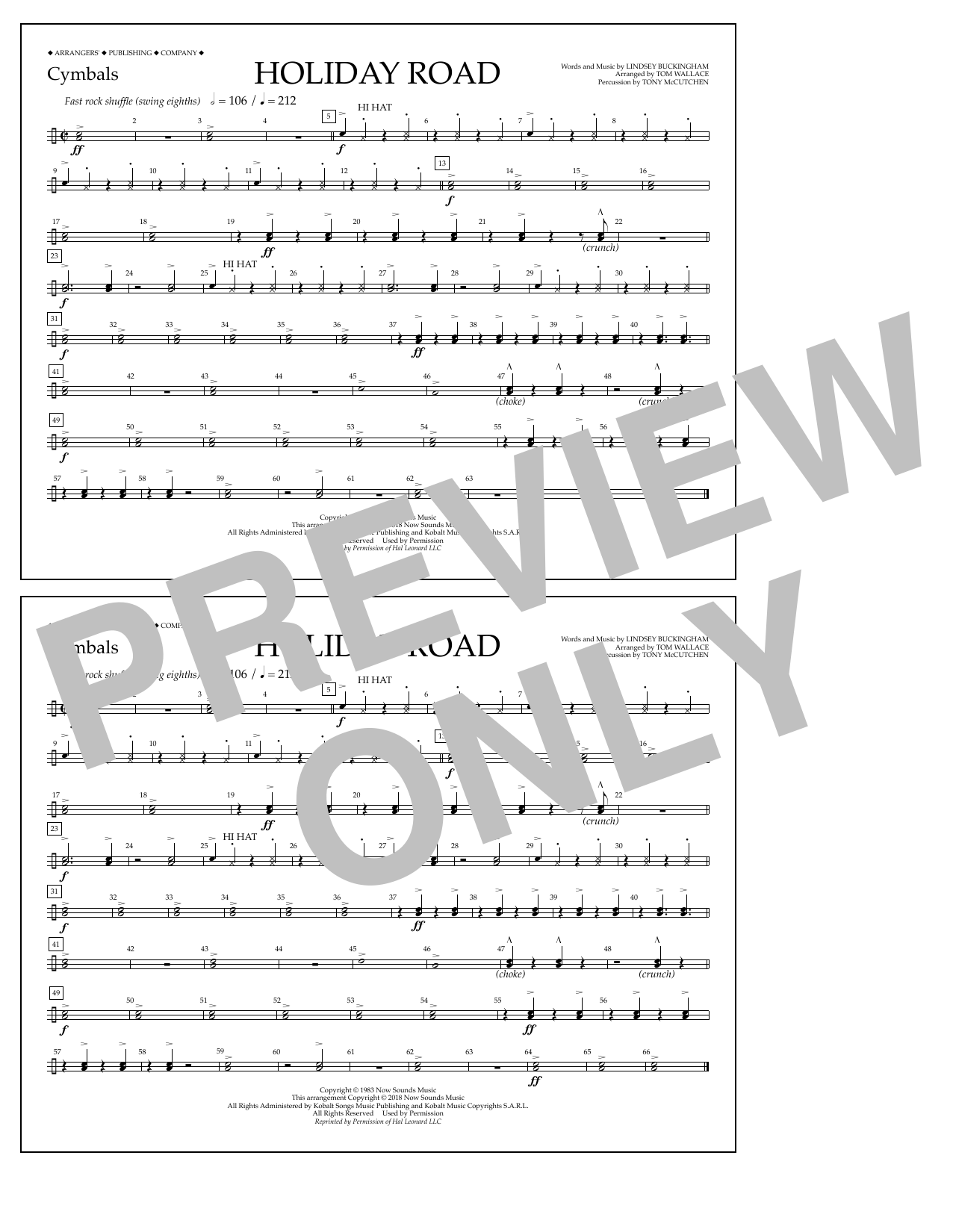 Lindsey Buckingham Holiday Road (from National Lampoon's Vacation) (arr. Tom Wallace) - Cymbals Sheet Music Notes & Chords for Marching Band - Download or Print PDF