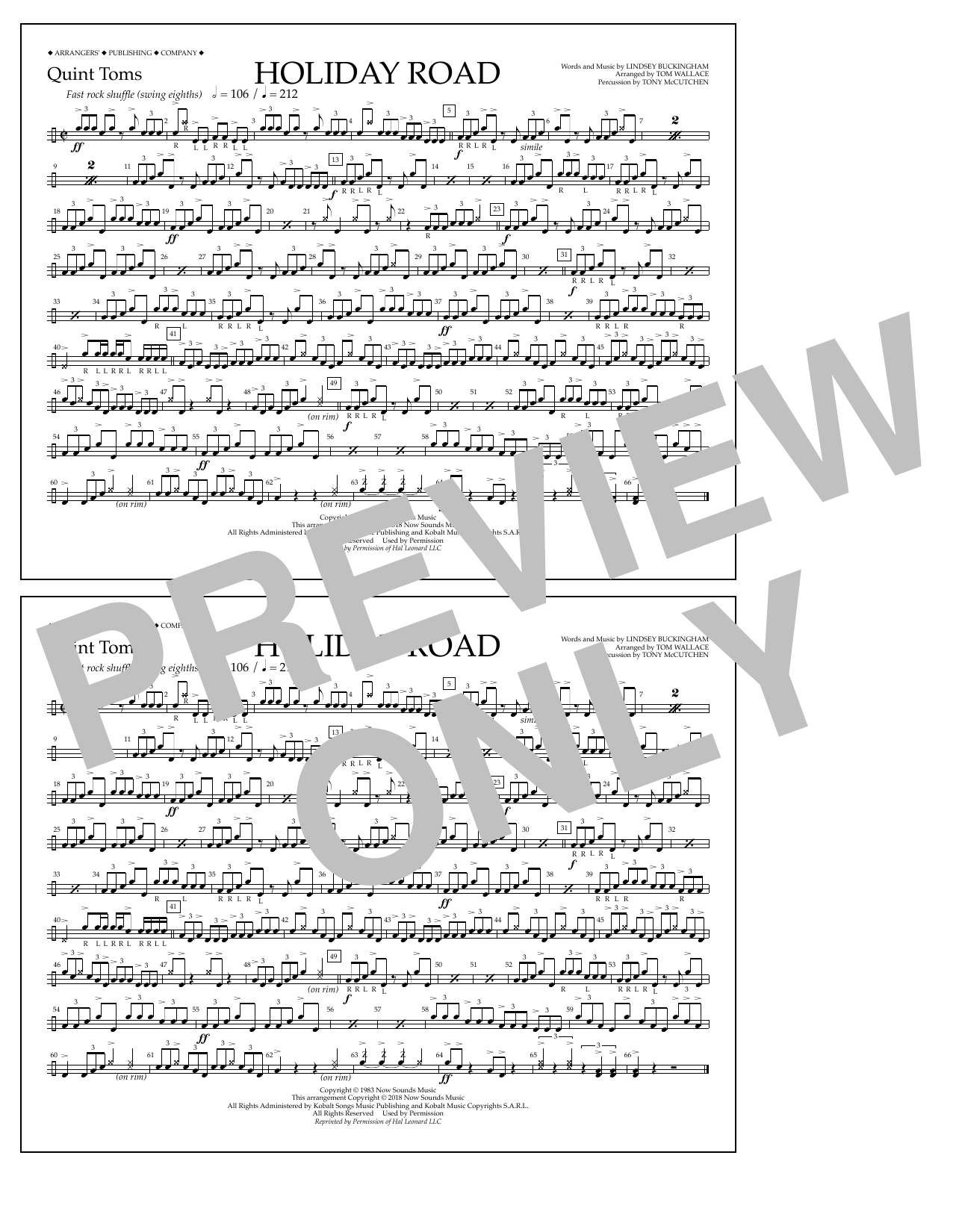 Lindsey Buckingham Holiday Road (from National Lampoon's Vacation) (arr. Tom Wallace) - Quint-Toms Sheet Music Notes & Chords for Marching Band - Download or Print PDF