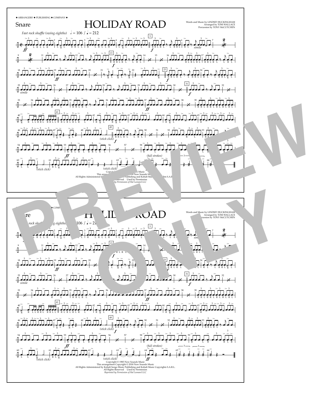 Lindsey Buckingham Holiday Road (from National Lampoon's Vacation) (arr. Tom Wallace) - Snare Sheet Music Notes & Chords for Marching Band - Download or Print PDF