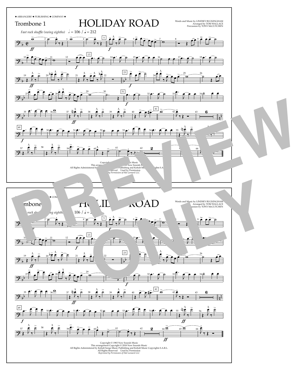 Lindsey Buckingham Holiday Road (from National Lampoon's Vacation) (arr. Tom Wallace) - Trombone 1 Sheet Music Notes & Chords for Marching Band - Download or Print PDF