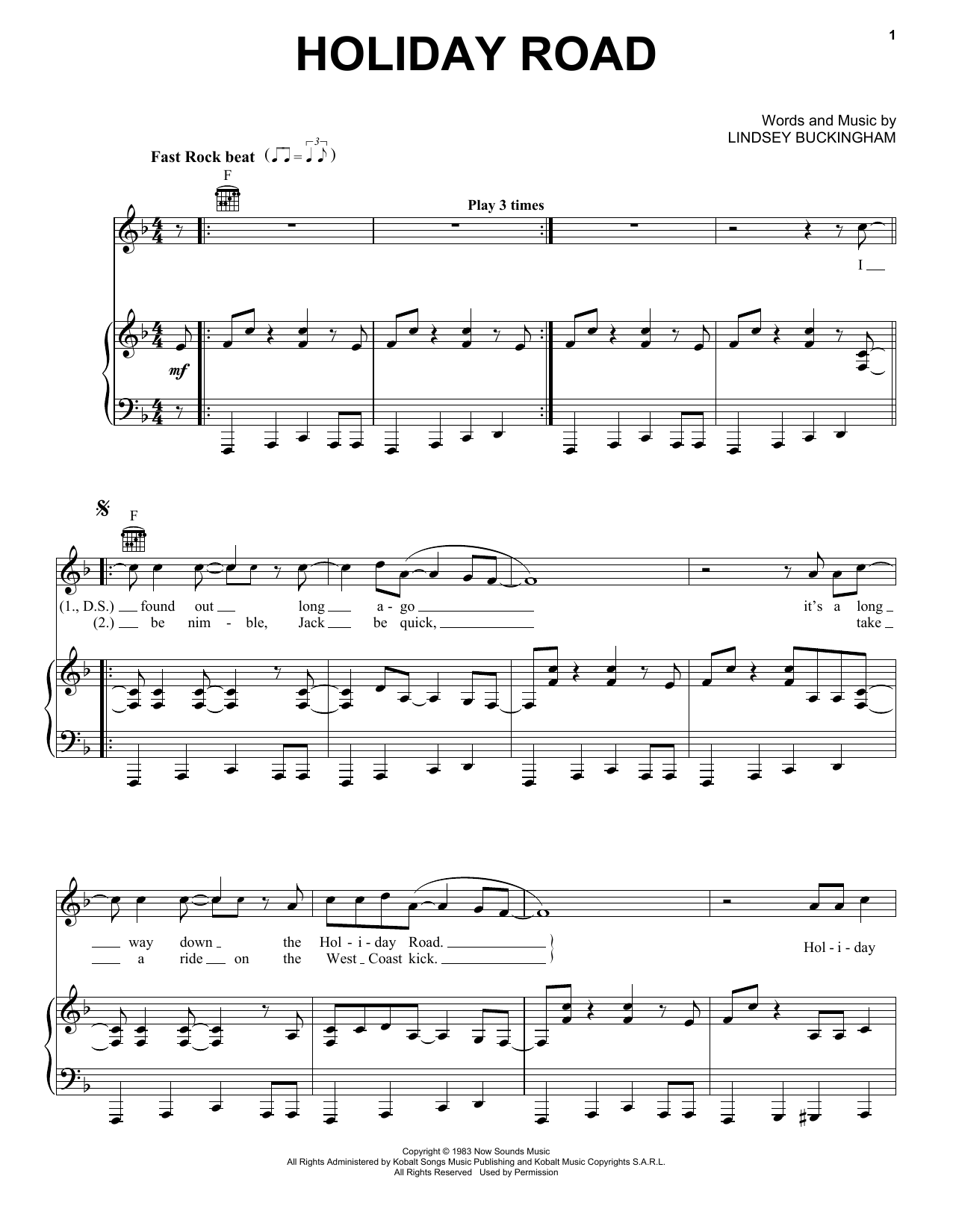 Lindsey Buckingham Holiday Road Sheet Music Notes & Chords for Piano, Vocal & Guitar (Right-Hand Melody) - Download or Print PDF