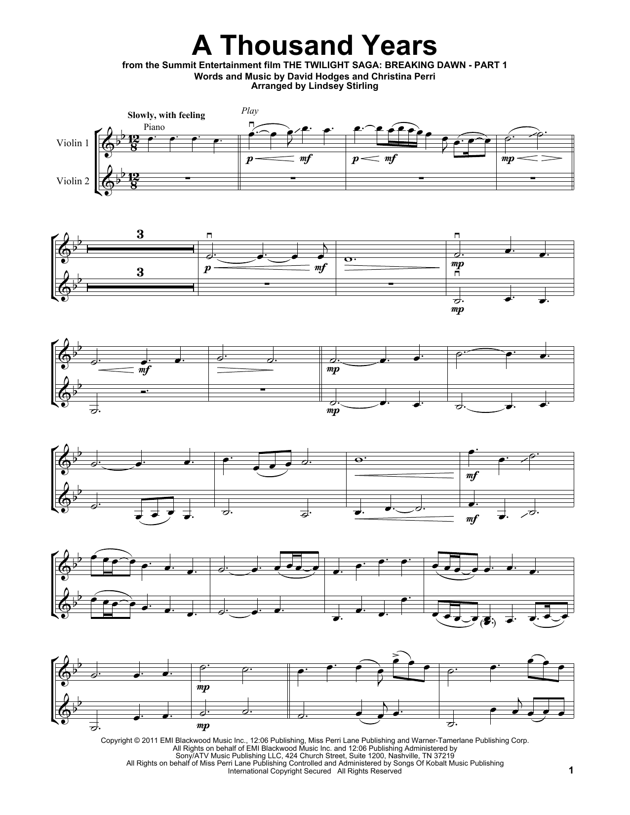 Lindsey Stirling A Thousand Years Sheet Music Notes & Chords for Violin Duet - Download or Print PDF