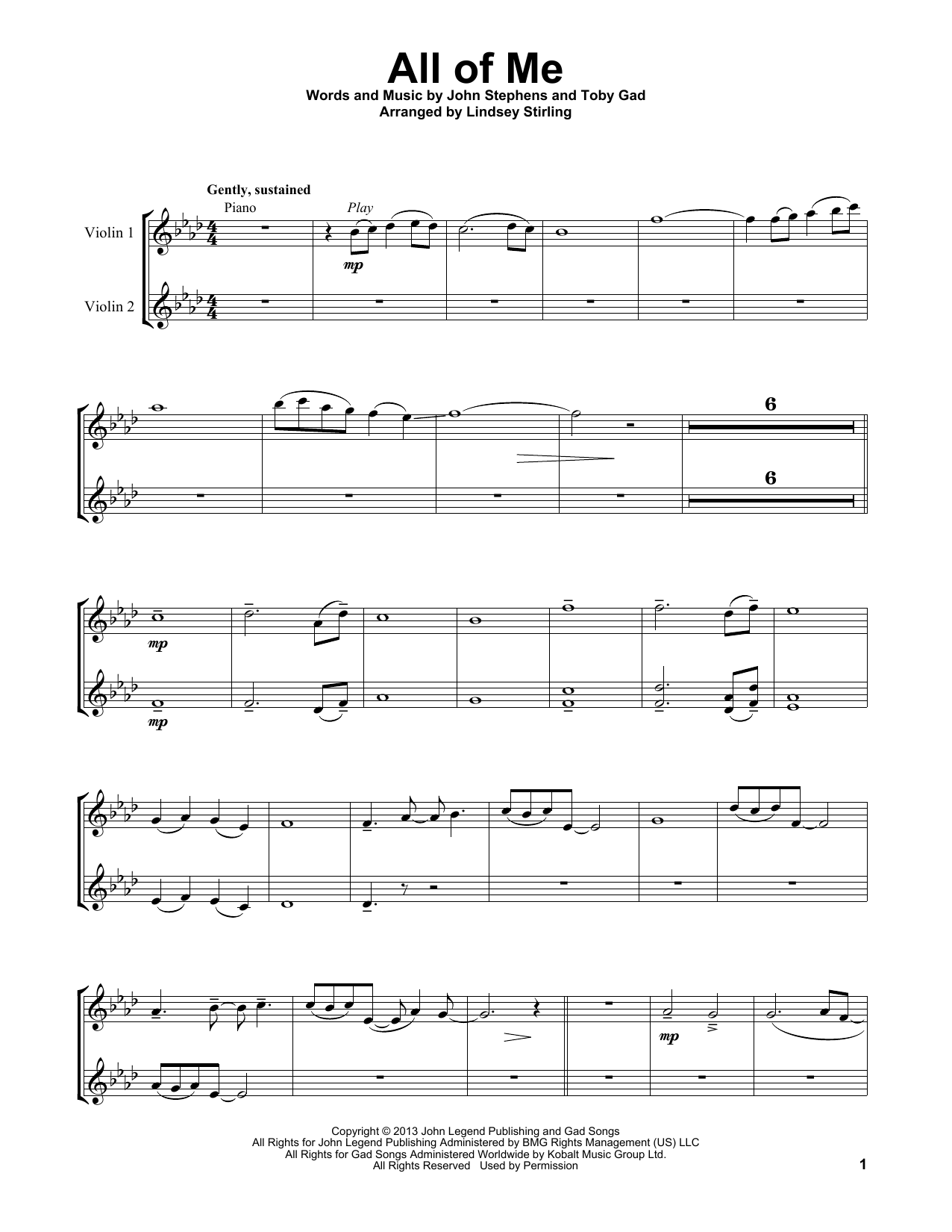 Lindsey Stirling All Of Me Sheet Music Notes & Chords for Violin Duet - Download or Print PDF