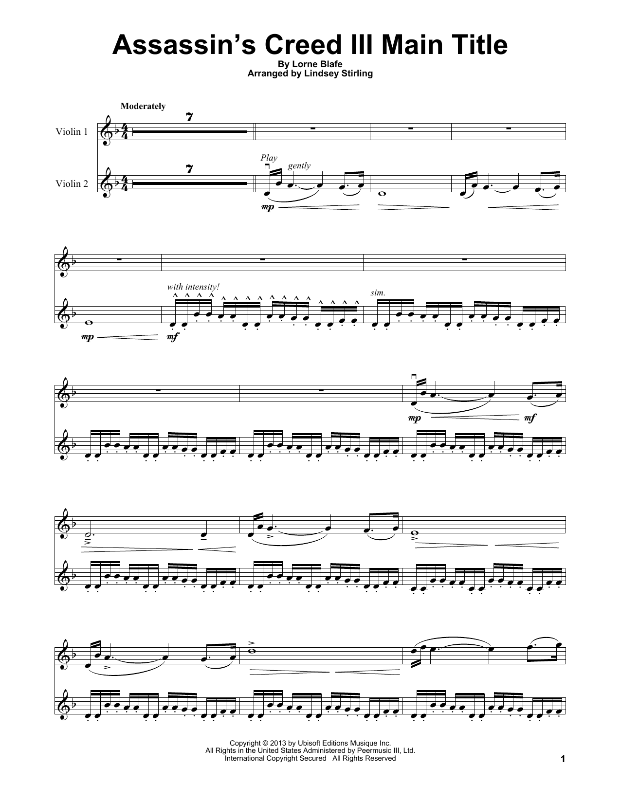 Lindsey Stirling Assassin's Creed III Main Title Sheet Music Notes & Chords for Violin - Download or Print PDF