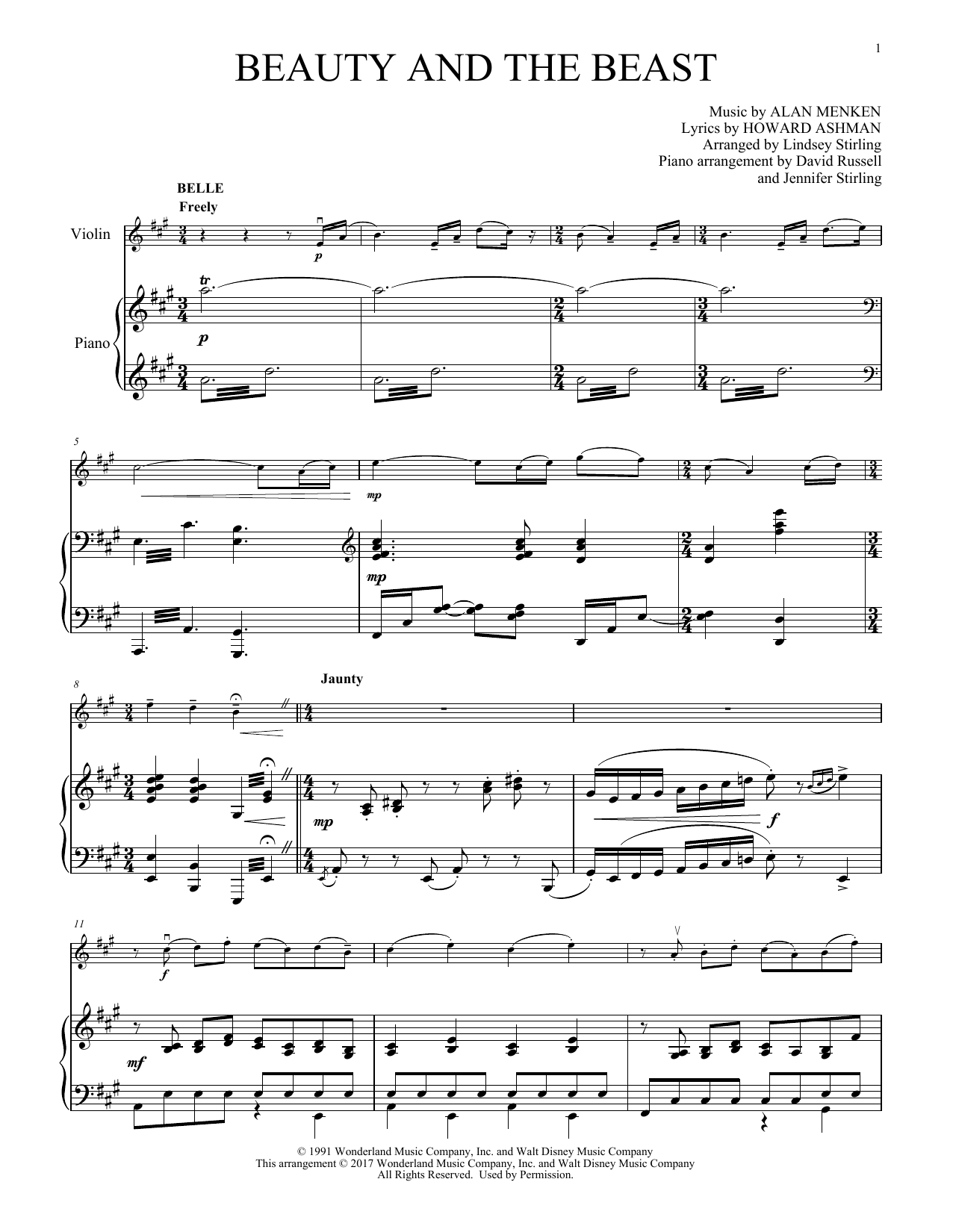 Lindsey Stirling Beauty and the Beast Medley Sheet Music Notes & Chords for Violin Solo - Download or Print PDF