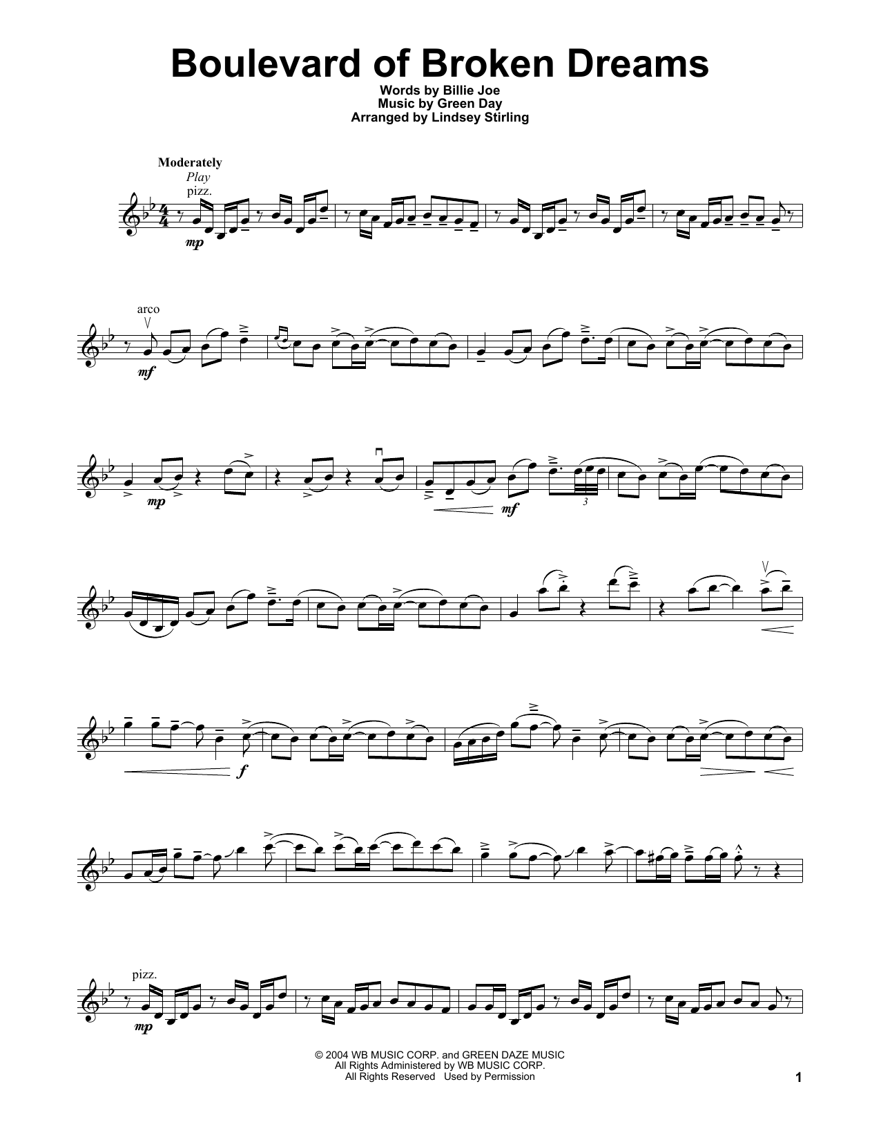 Lindsey Stirling Boulevard Of Broken Dreams Sheet Music Notes & Chords for Violin Solo - Download or Print PDF