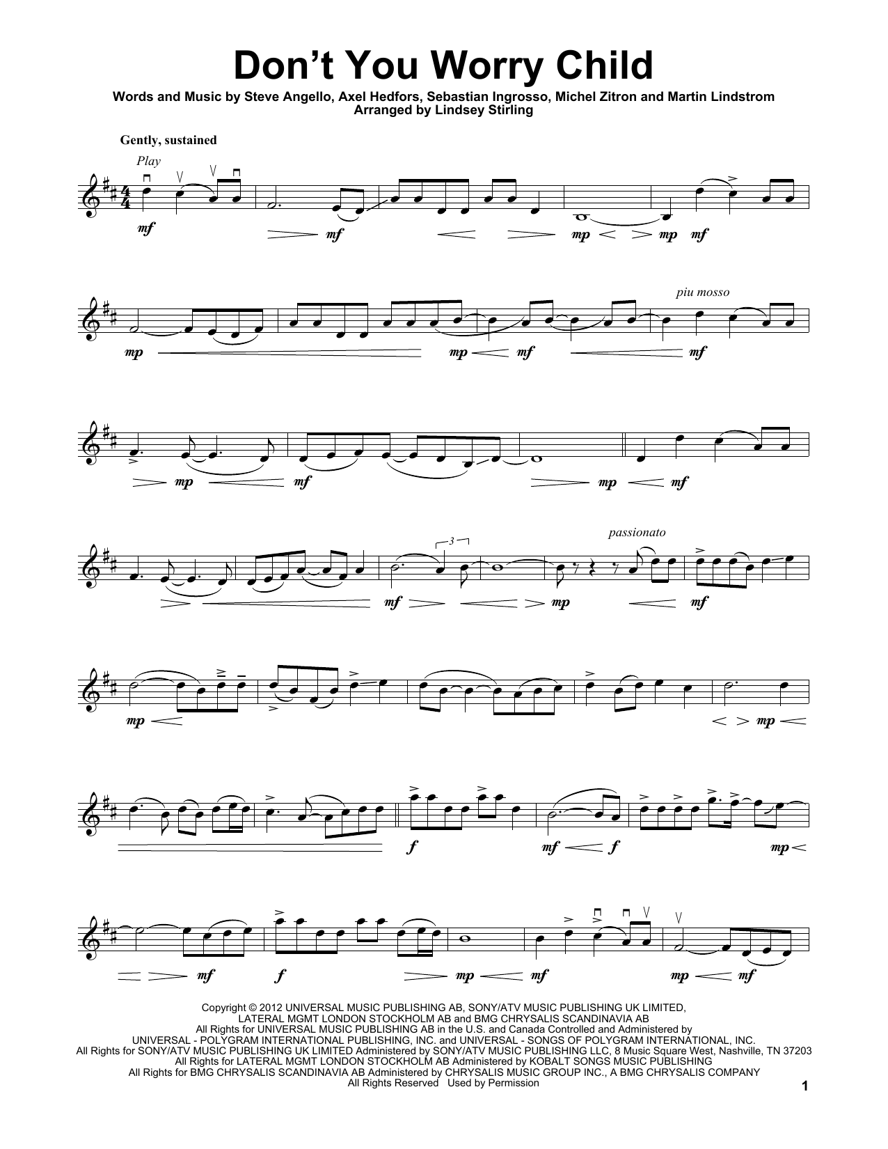 Lindsey Stirling Don't You Worry Child Sheet Music Notes & Chords for Violin - Download or Print PDF