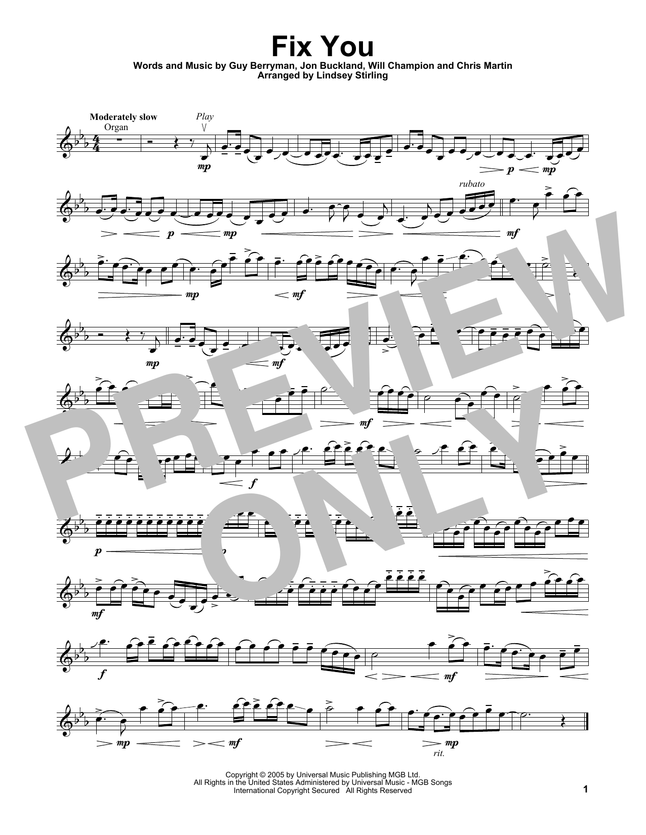 Lindsey Stirling Fix You Sheet Music Notes & Chords for Violin - Download or Print PDF