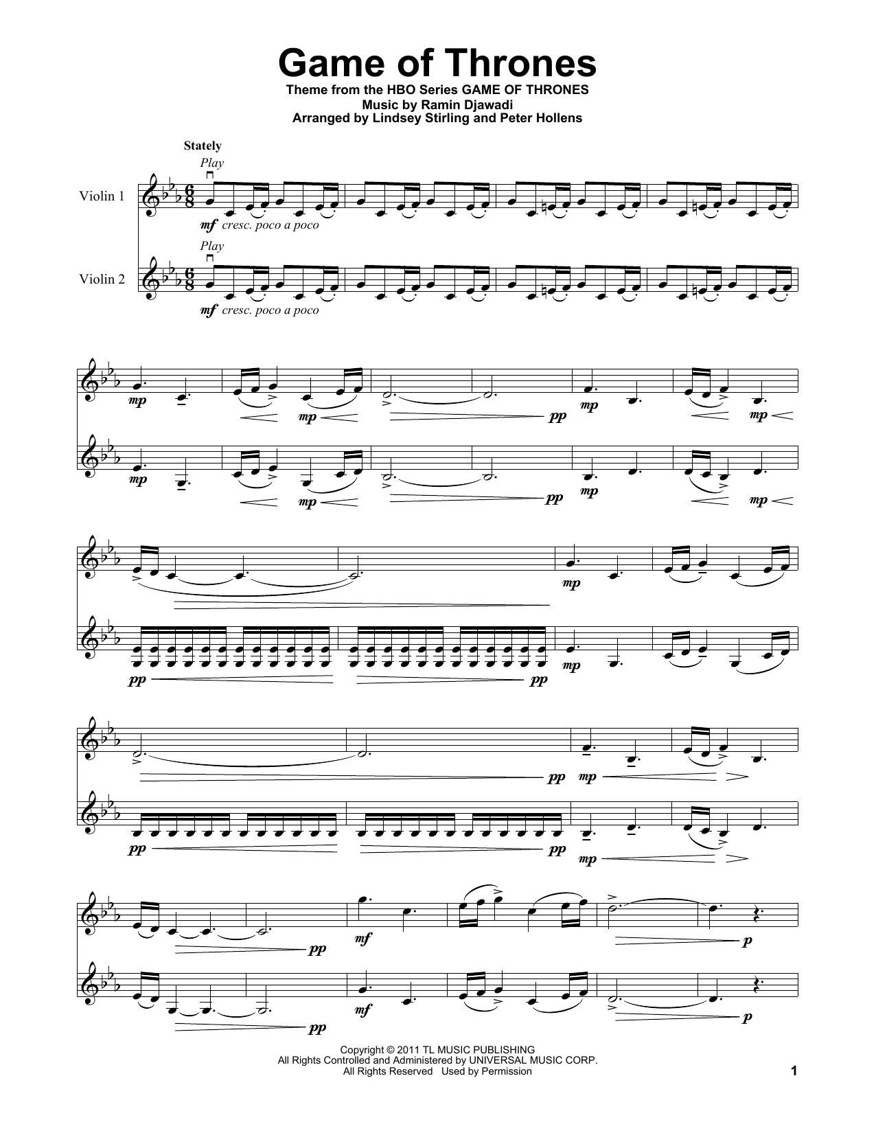 Lindsey Stirling Game Of Thrones - Main Title Sheet Music Notes & Chords for Violin - Download or Print PDF