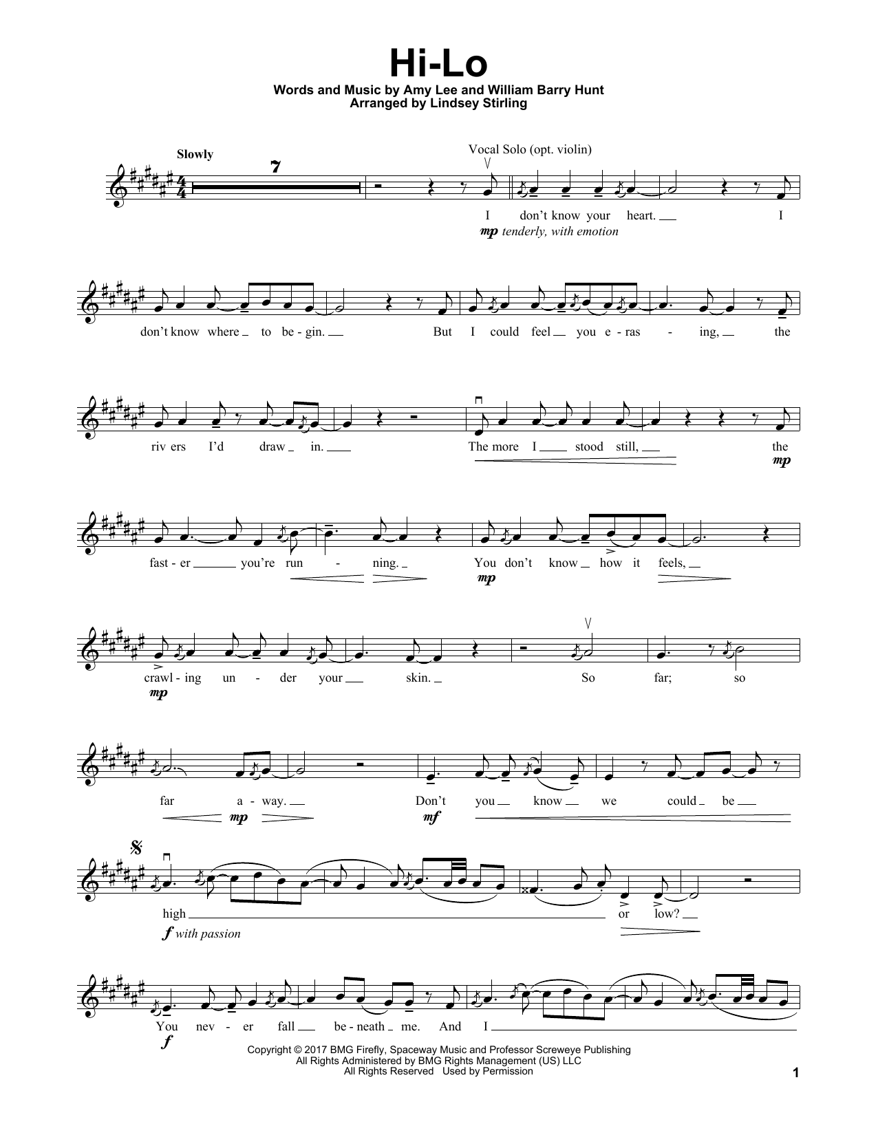 Lindsey Stirling Hi-Lo Sheet Music Notes & Chords for Violin Solo - Download or Print PDF