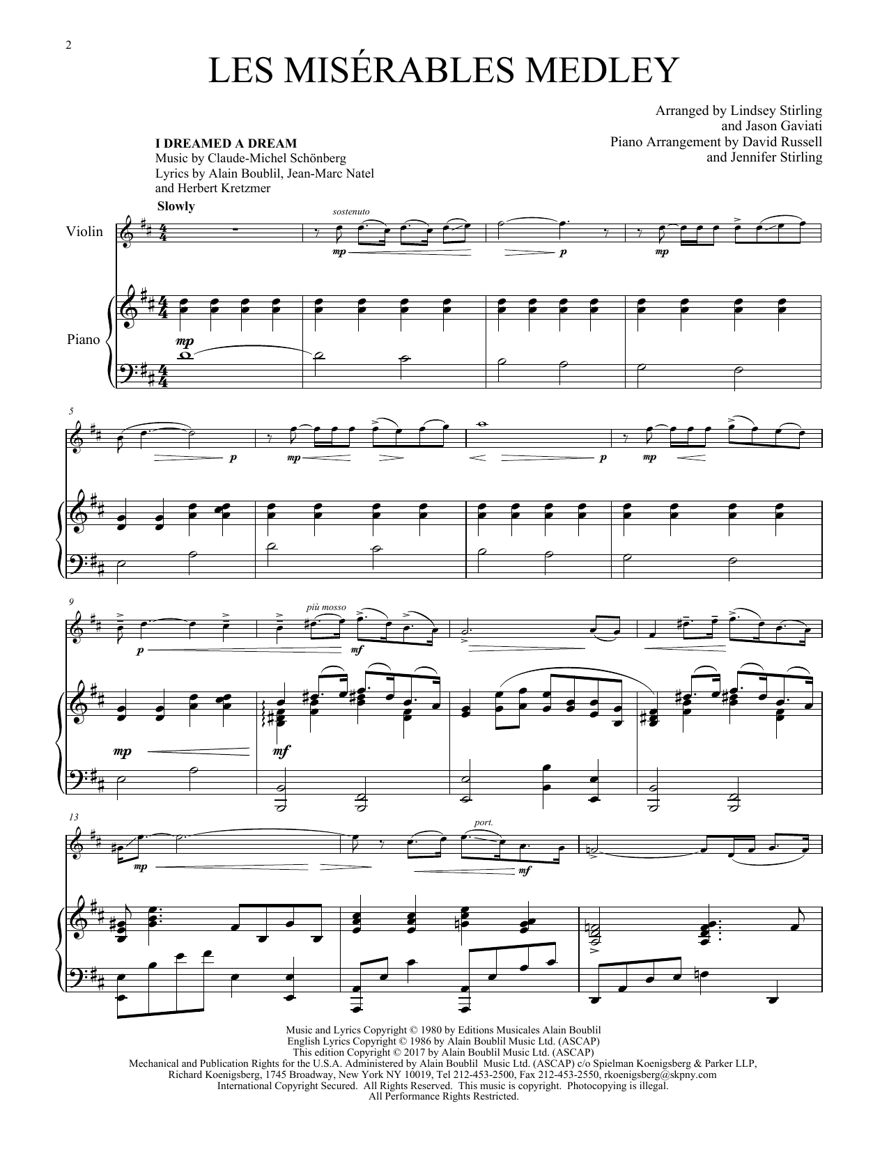 Lindsey Stirling Les Misérables Medley Sheet Music Notes & Chords for Violin and Piano - Download or Print PDF
