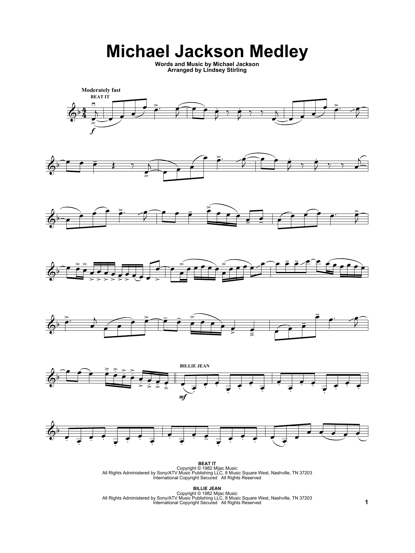 Lindsey Stirling Michael Jackson Medley Sheet Music Notes & Chords for Violin Solo - Download or Print PDF