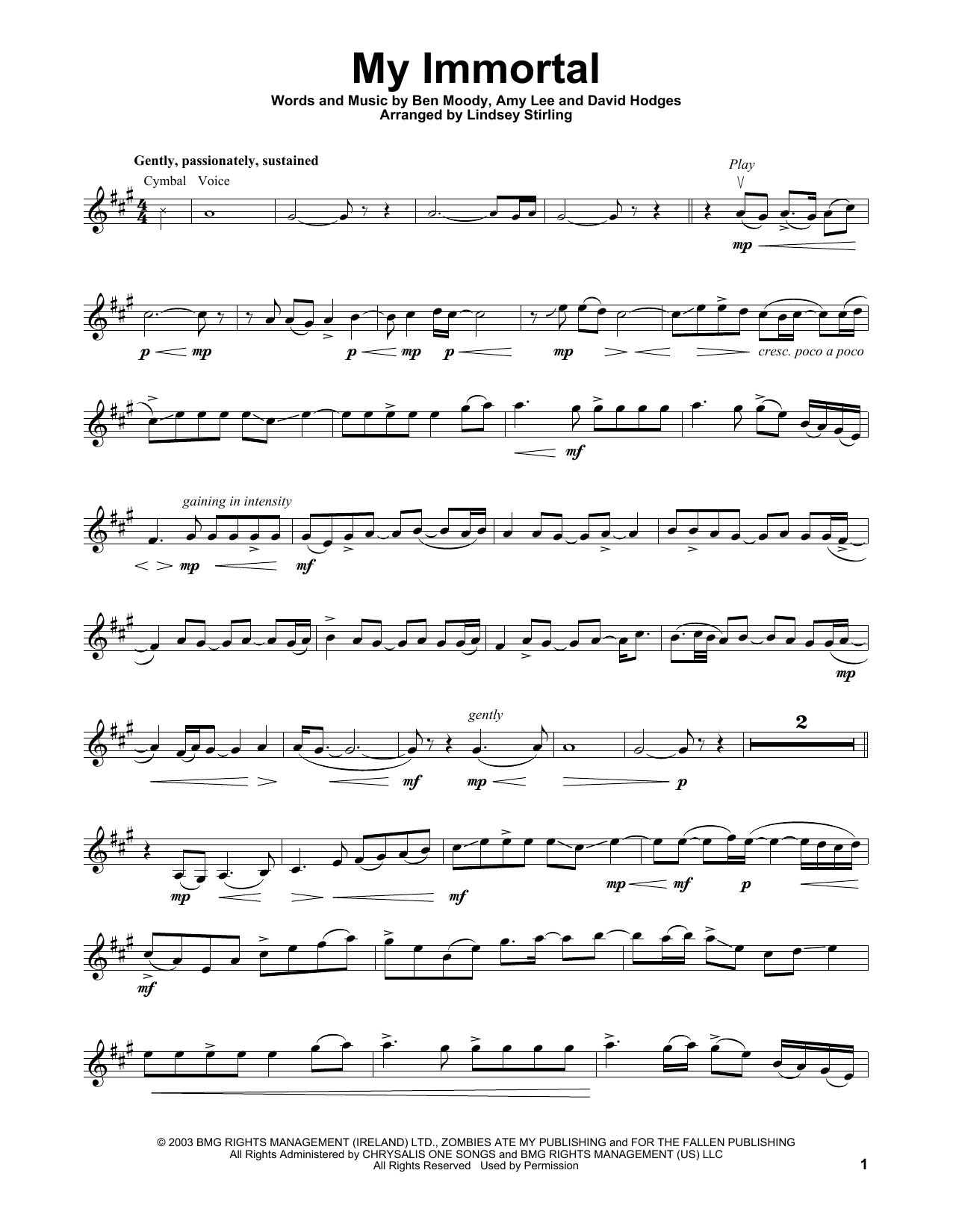 Lindsey Stirling My Immortal Sheet Music Notes & Chords for Violin - Download or Print PDF