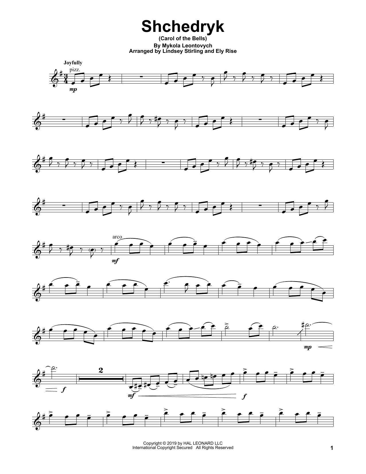 Lindsey Stirling Shchedryk (Carol Of The Bells) Sheet Music Notes & Chords for Violin Solo - Download or Print PDF