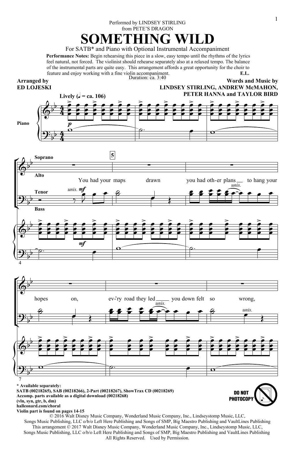 Lindsey Stirling Something Wild (arr. Ed Lojeski) Sheet Music Notes & Chords for SATB - Download or Print PDF