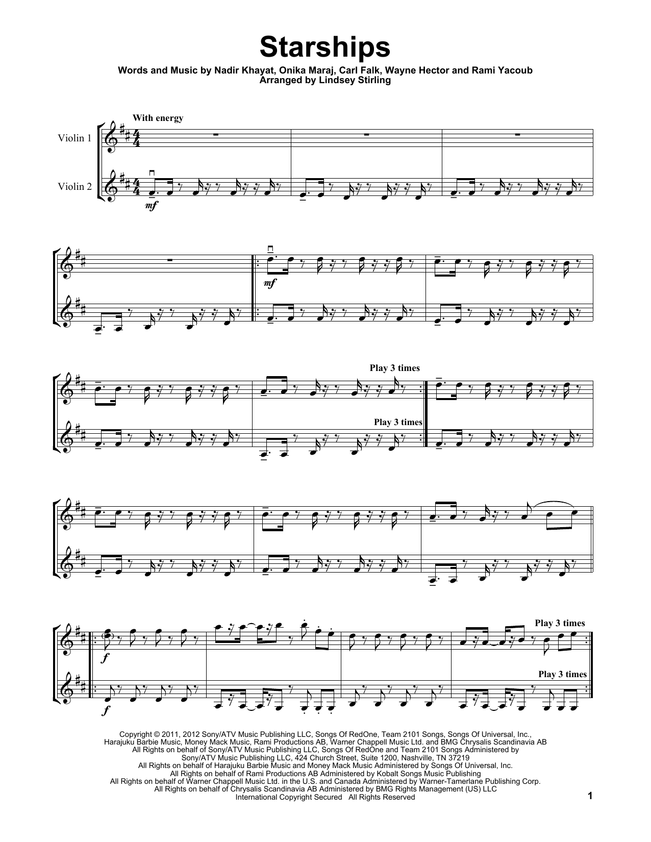 Lindsey Stirling Starships Sheet Music Notes & Chords for Violin Duet - Download or Print PDF