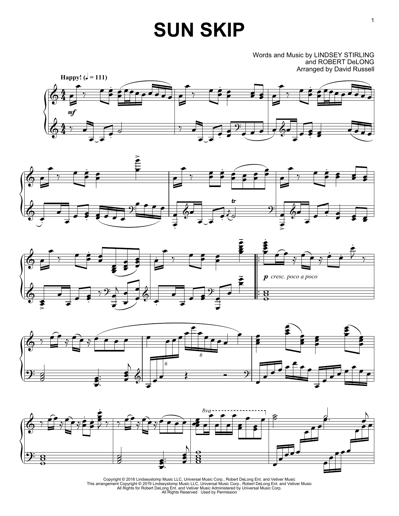 Lindsey Stirling Sun Skip Sheet Music Notes & Chords for Piano Solo - Download or Print PDF
