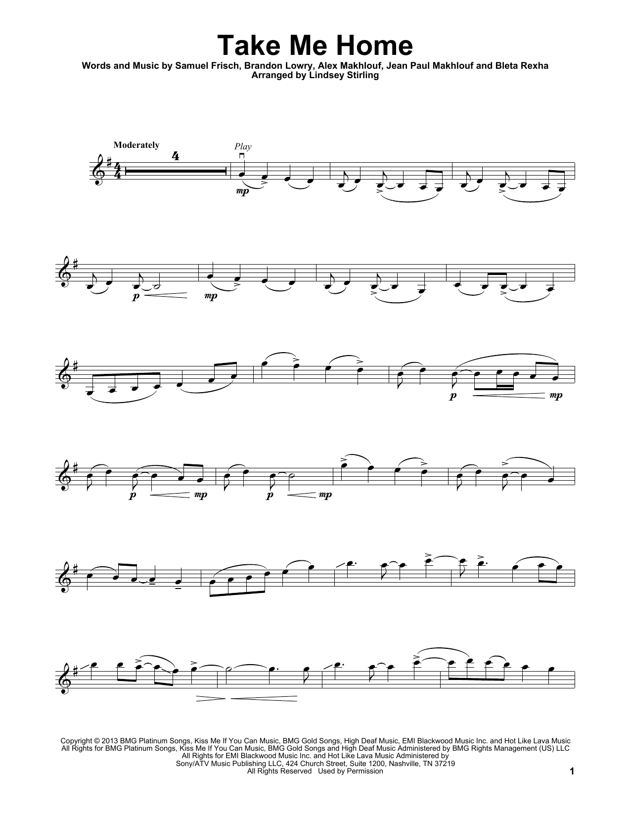 Lindsey Stirling Take Me Home Sheet Music Notes & Chords for Violin - Download or Print PDF