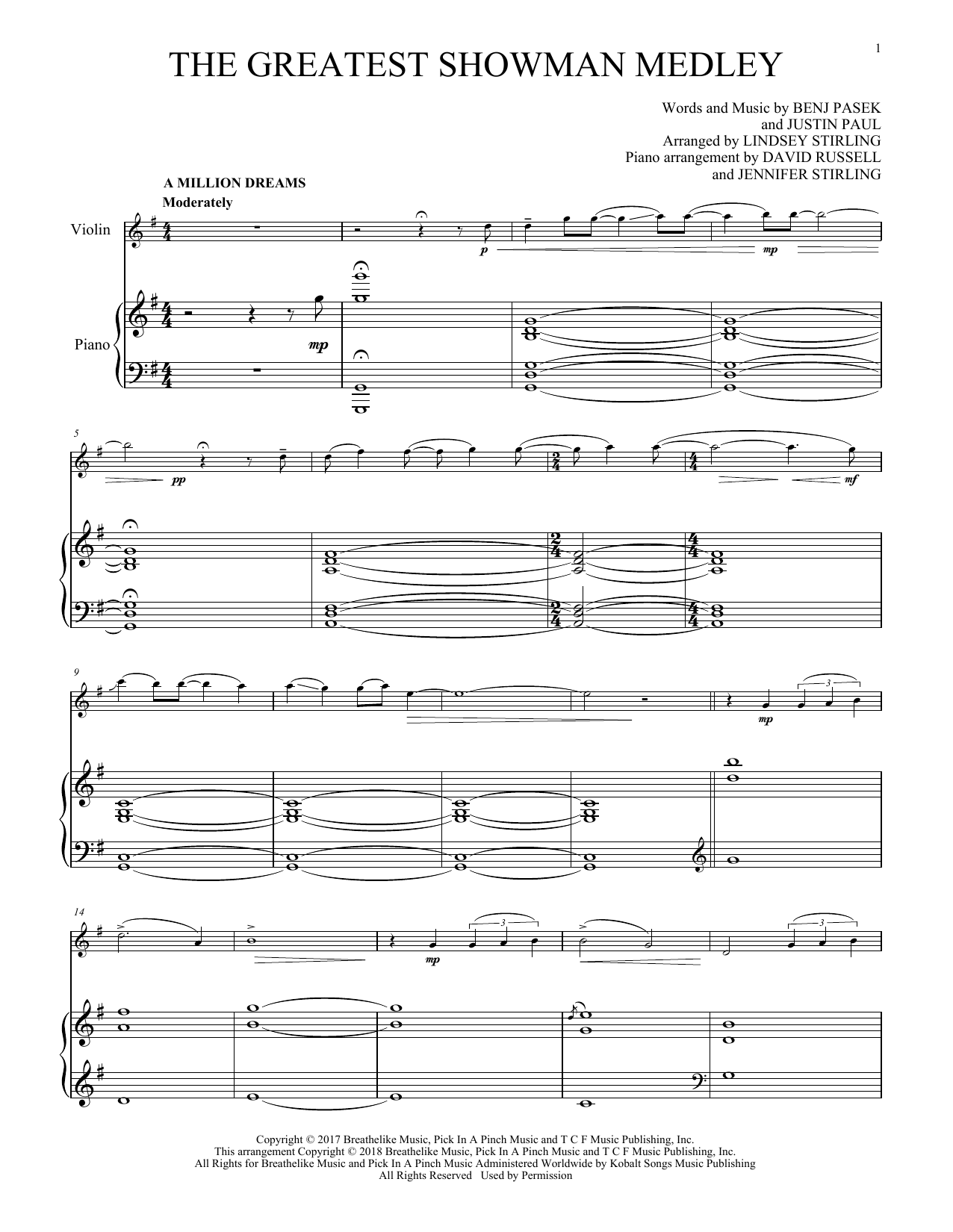Lindsey Stirling The Greatest Showman Medley Sheet Music Notes & Chords for Violin - Download or Print PDF