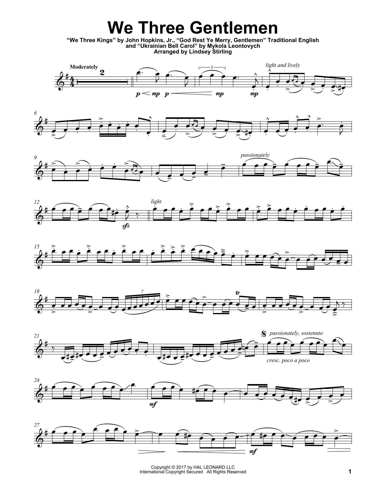 Lindsey Stirling We Three Gentlemen (Medley) Sheet Music Notes & Chords for Violin - Download or Print PDF