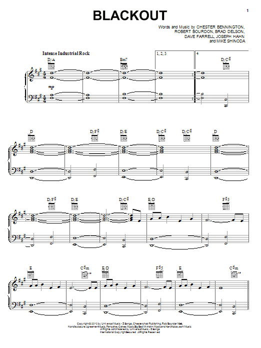 Linkin Park Blackout Sheet Music Notes & Chords for Piano, Vocal & Guitar (Right-Hand Melody) - Download or Print PDF