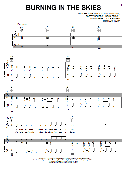 Linkin Park Burning In The Skies Sheet Music Notes & Chords for Piano, Vocal & Guitar (Right-Hand Melody) - Download or Print PDF