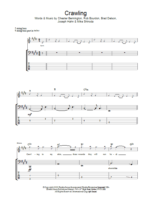 Linkin Park Crawling Sheet Music Notes & Chords for Bass Guitar Tab - Download or Print PDF
