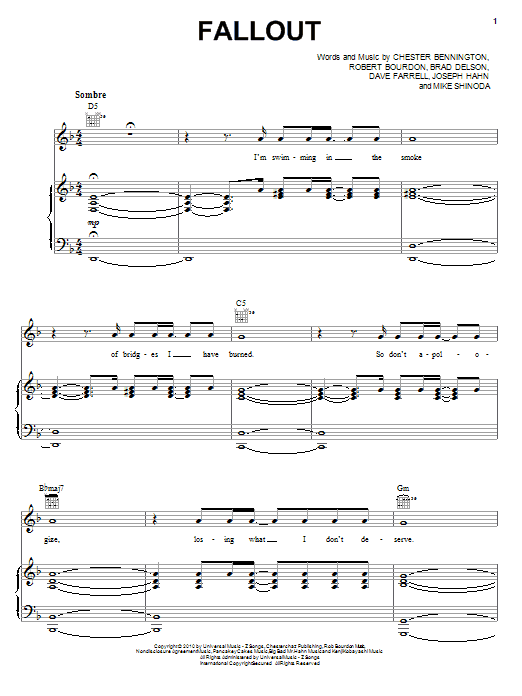 Linkin Park Fallout Sheet Music Notes & Chords for Piano, Vocal & Guitar (Right-Hand Melody) - Download or Print PDF