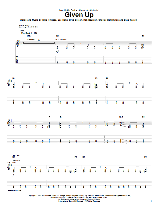 Linkin Park Given Up Sheet Music Notes & Chords for Guitar Tab - Download or Print PDF
