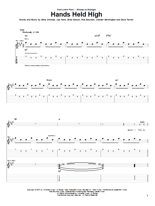 Linkin Park Hands Held High Sheet Music Notes & Chords for Guitar Tab - Download or Print PDF