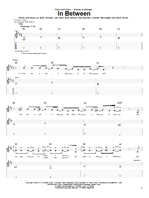 Linkin Park In Between Sheet Music Notes & Chords for Guitar Tab - Download or Print PDF
