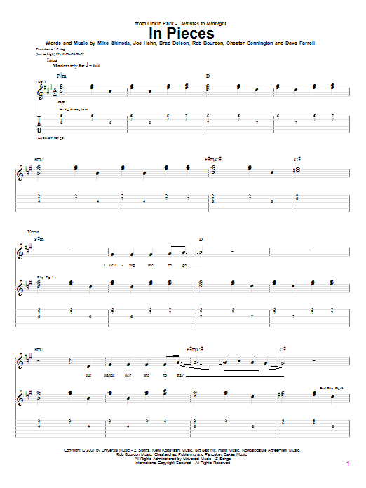 Linkin Park In Pieces Sheet Music Notes & Chords for Guitar Tab - Download or Print PDF