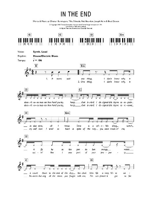 Linkin Park In The End Sheet Music Notes & Chords for Beginner Piano - Download or Print PDF