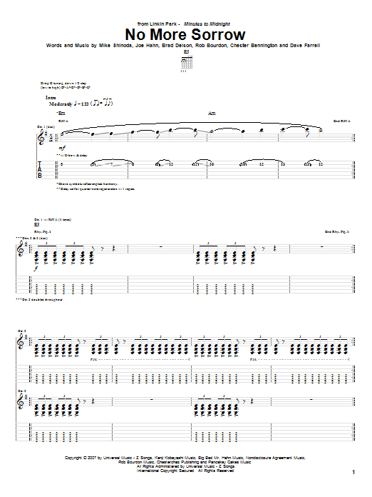 Linkin Park No More Sorrow Sheet Music Notes & Chords for Guitar Tab - Download or Print PDF