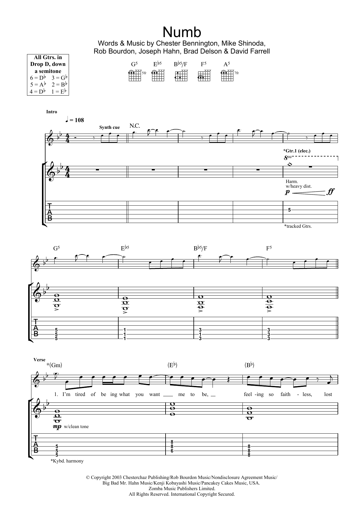 Linkin Park Numb Sheet Music Notes & Chords for Lyrics & Chords - Download or Print PDF