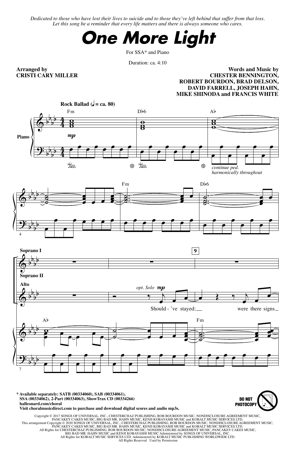 Linkin Park One More Light (arr. Cristi Cary Miller) Sheet Music Notes & Chords for SSA Choir - Download or Print PDF