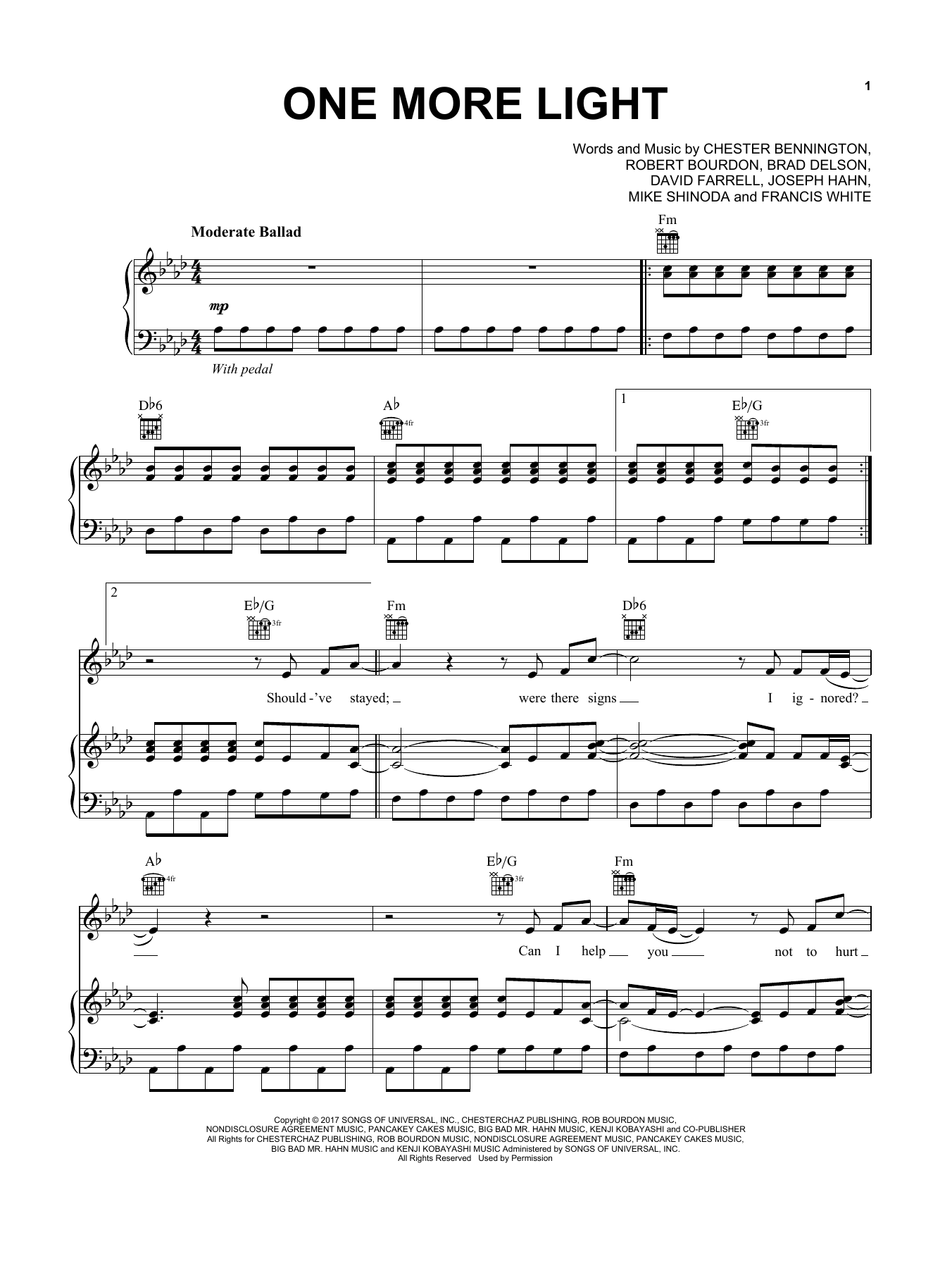 Linkin Park One More Light Sheet Music Notes & Chords for Piano, Vocal & Guitar (Right-Hand Melody) - Download or Print PDF