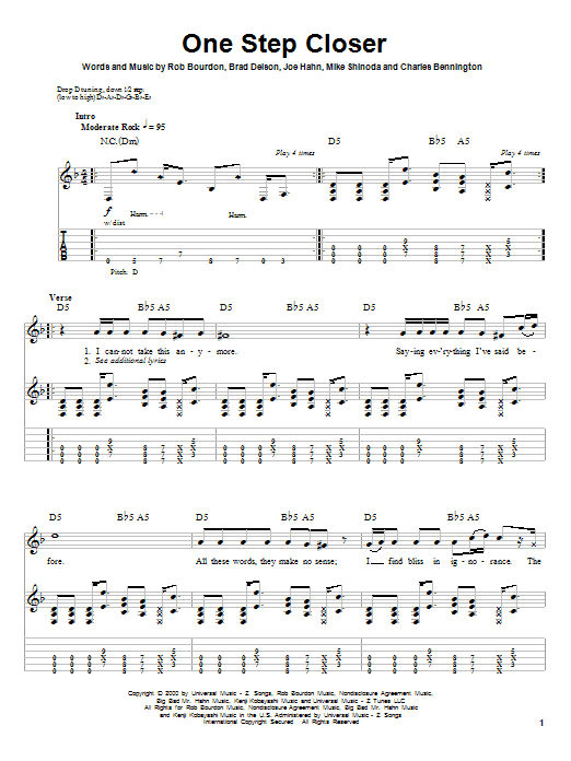 Linkin Park One Step Closer Sheet Music Notes & Chords for Guitar Tab Play-Along - Download or Print PDF