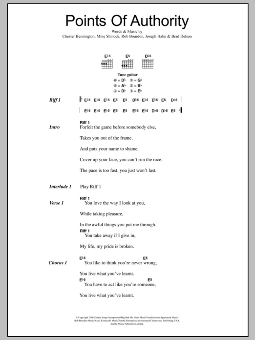 Linkin Park Points Of Authority Sheet Music Notes & Chords for Lyrics & Chords - Download or Print PDF