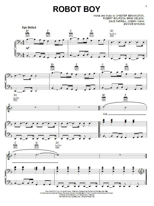 Linkin Park Robot Boy Sheet Music Notes & Chords for Piano, Vocal & Guitar (Right-Hand Melody) - Download or Print PDF
