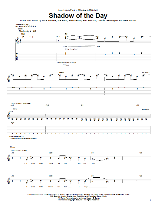 Linkin Park Shadow Of The Day Sheet Music Notes & Chords for Piano, Vocal & Guitar (Right-Hand Melody) - Download or Print PDF