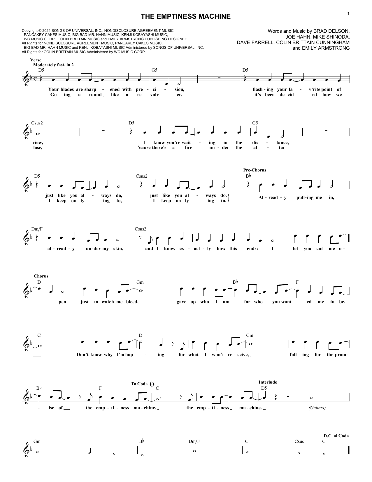 Linkin Park The Emptiness Machine Sheet Music Notes & Chords for Lead Sheet / Fake Book - Download or Print PDF Linkin Park The Emptiness Machine Sheet Music Notes & Chords for Lead Sheet / Fake Book - Download or Print PDF