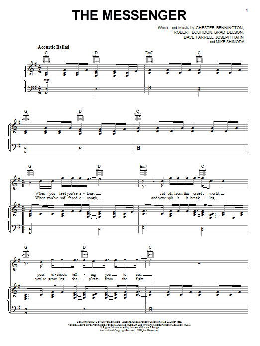 Linkin Park The Messenger Sheet Music Notes & Chords for Piano, Vocal & Guitar (Right-Hand Melody) - Download or Print PDF