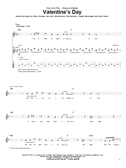 Linkin Park Valentine's Day Sheet Music Notes & Chords for Guitar Tab - Download or Print PDF