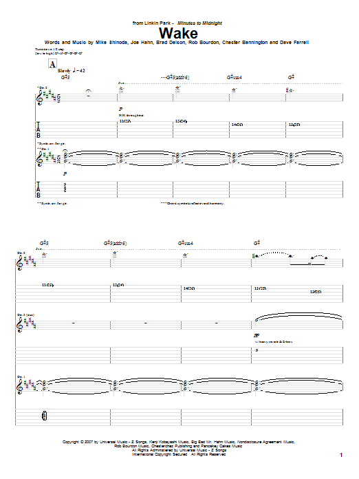 Linkin Park Wake Sheet Music Notes & Chords for Guitar Tab - Download or Print PDF