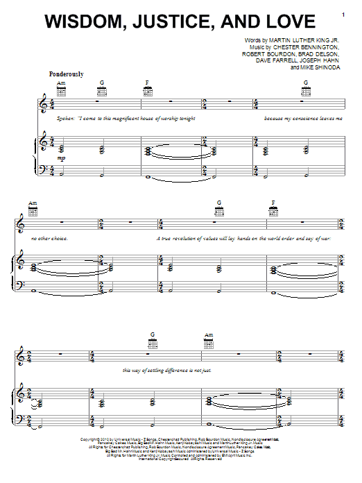 Linkin Park Wisdom, Justice, And Love Sheet Music Notes & Chords for Piano, Vocal & Guitar (Right-Hand Melody) - Download or Print PDF
