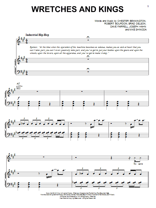 Linkin Park Wretches And Kings Sheet Music Notes & Chords for Piano, Vocal & Guitar (Right-Hand Melody) - Download or Print PDF