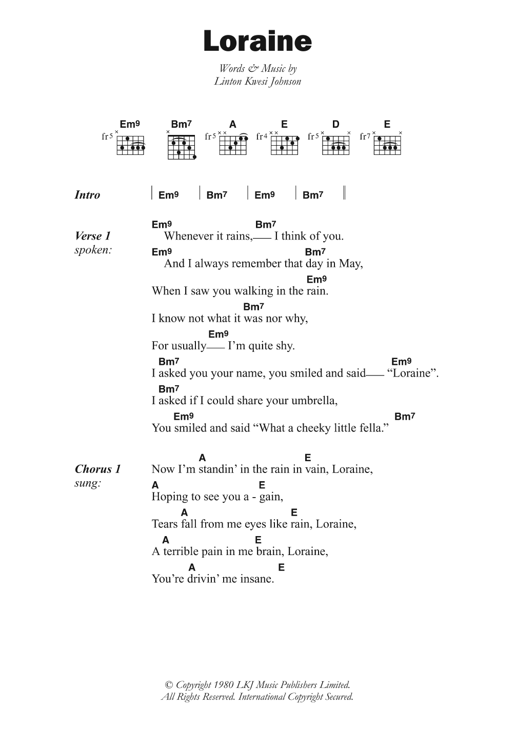 Linton Kwesi Johnson Loraine Sheet Music Notes & Chords for Lyrics & Chords - Download or Print PDF