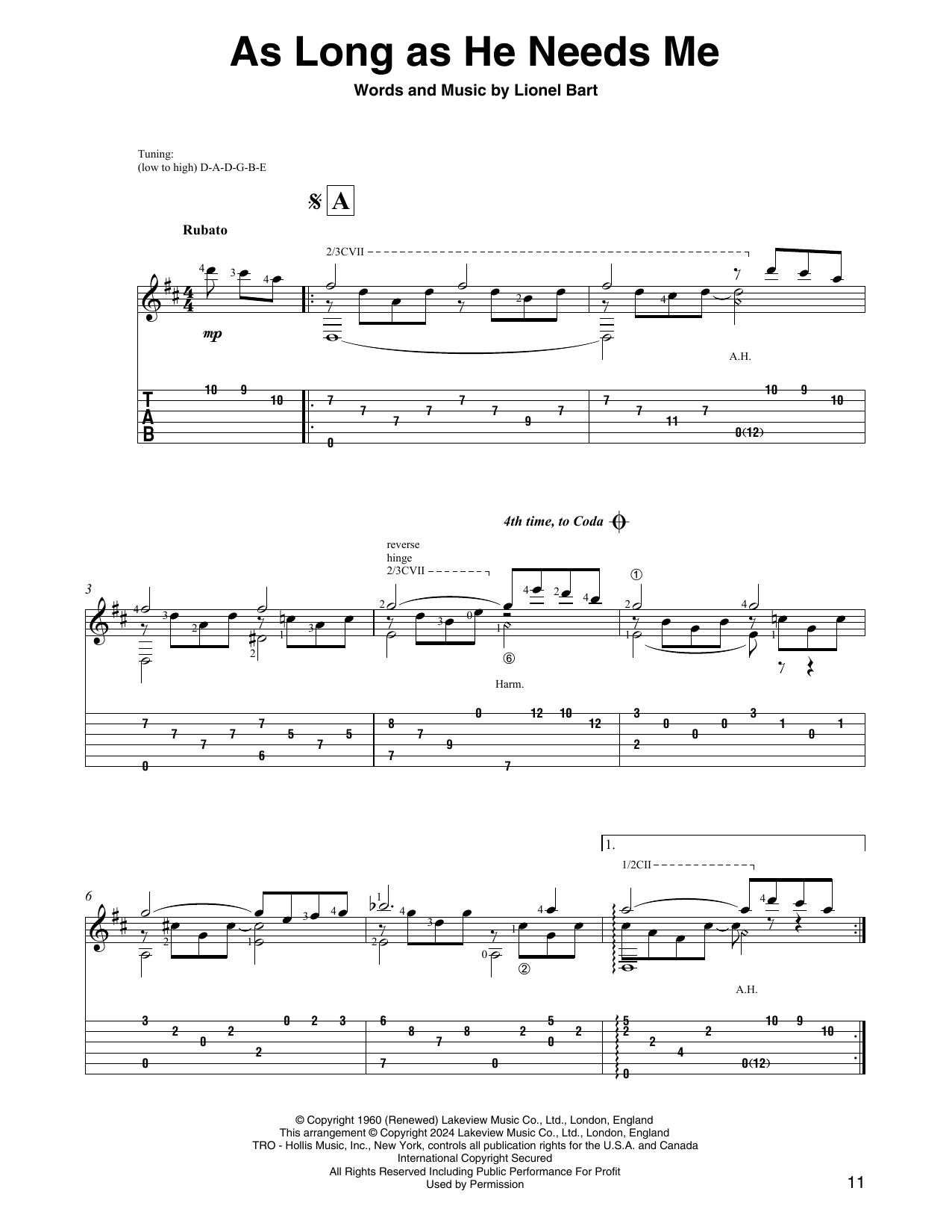 Lionel Bart As Long As He Needs Me (from Oliver!) (arr. David Jaggs) Sheet Music Notes & Chords for Solo Guitar - Download or Print PDF