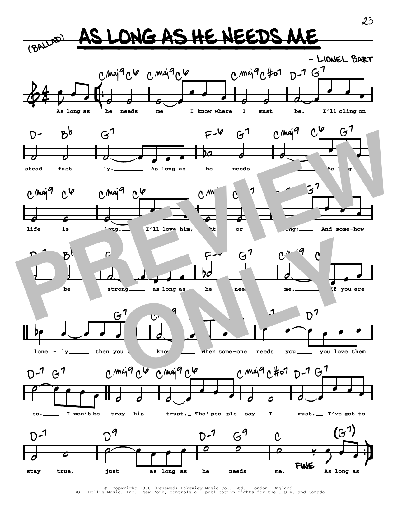 Lionel Bart As Long As He Needs Me (High Voice) (from Oliver) Sheet Music Notes & Chords for Real Book – Melody, Lyrics & Chords - Download or Print PDF